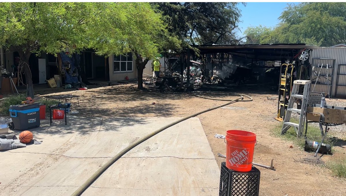 Firefighters have extinguished a detached shed fire near 26th St and Beardsley Rd. Crews arrived on scene around 12:30p this afternoon & found a fast moving fire threatening surrounding homes. Firefighters quickly gained fire control & prevented the fire from extending into homes