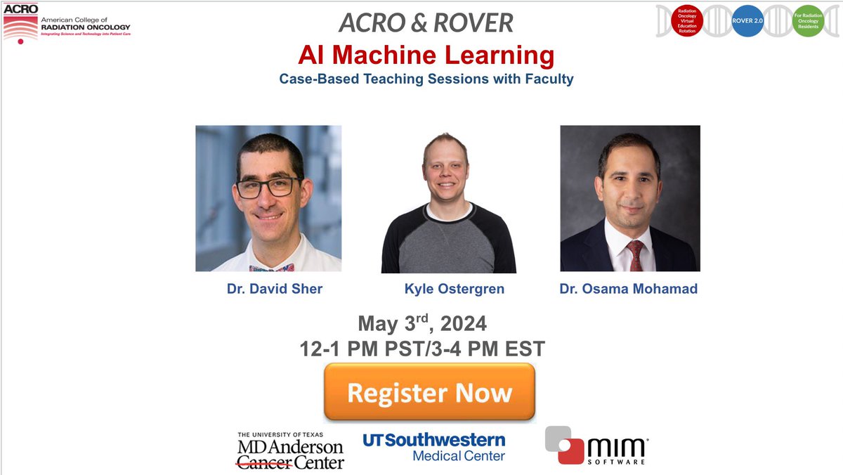 Be sure to sign up for our session tomorrow on #AI & #machinelearning in collaboration with @mimsoftware. Featuring @DavidSherMD & Dr. Osama Mohamad! @jennamkahn @DrHut10 @ACRORadOnc @ACROresident @MulherkarRia docs.google.com/forms/d/e/1FAI…