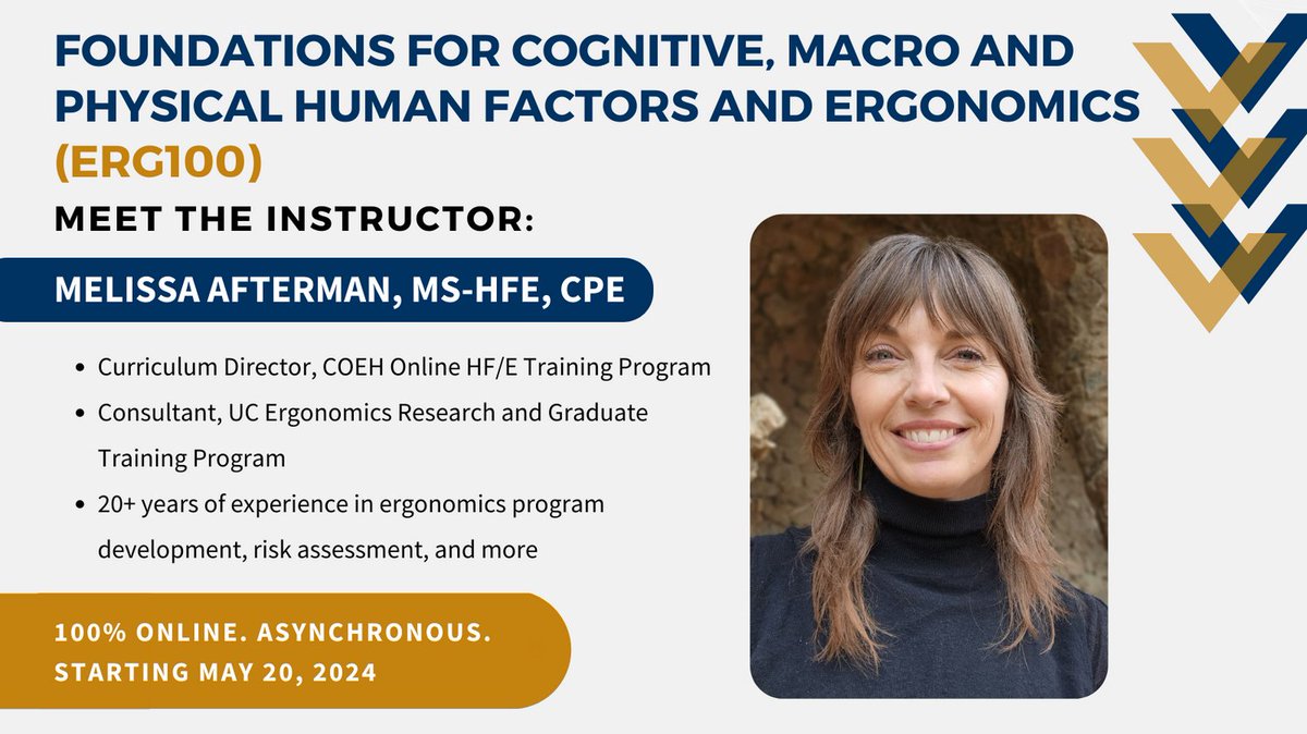 Meet Melissa Afterman, MS-HFE, CPE, who will be co-teaching our course on #Ergonomic fundamentals starting 5/20! She has 20+ years of consultant experience & serves as Curriculum Director for the Online HF/E Program. Enroll now to learn from the best! coeh.berkeley.edu/erg100 #HFE