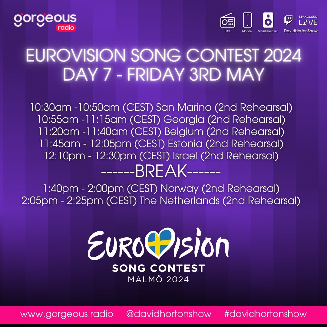 We have now reached day 7 in the @Eurovision bubble and it’s time for another 7 acts to take their 2nd rehearsal…. We have on stage today 🇸🇲 🇬🇪 🇧🇪 🇪🇪 🇮🇱 🇳🇴 🇳🇱 Now will there be any changes…..