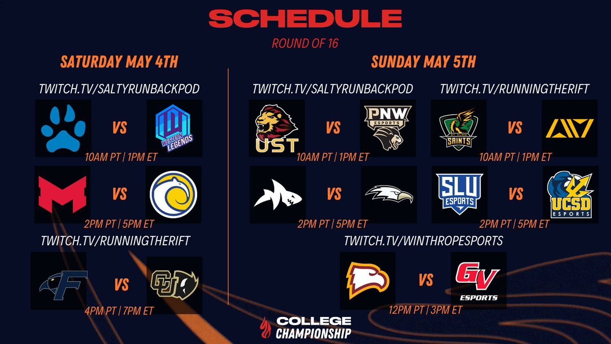 Here is the broadcast schedule for Salty Runback's coverage of the 2024 CLOL Championships! Glad to have @RunningTheRift and @WinthropEsports as broadcast partners for the Round of 16! One BO5 to lock a spot double-elim. See you this Saturday at 1 PM ET/10 PM ET. #OneFinalTest