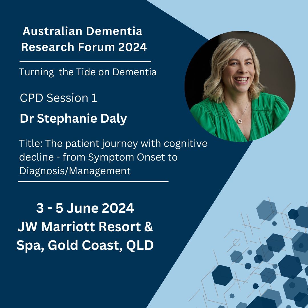 Dr Stephanie Daly is a lead GP educator with @DementiaTrainAu and we are thrilled to have her present on 'The patient journey with cognitive decline - from Symptom Onset to Diagnosis/Management' @ADRF2024 for our CPD Program. Find out more ➡️ buff.ly/3U7QgFc and register!