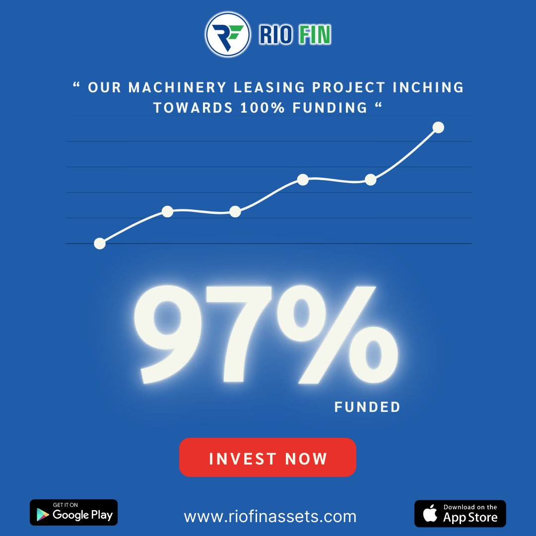 🎉 Exciting news! Our Machinery Leasing Project is inching towards 100% funding, now at 97%! 🚀 

Thank you to our amazing supporters for getting us this far. Together, we're shaping the future of leasing. 💼

#MachineryLeasing #FundingSuccess #RioFinProjects 🌟