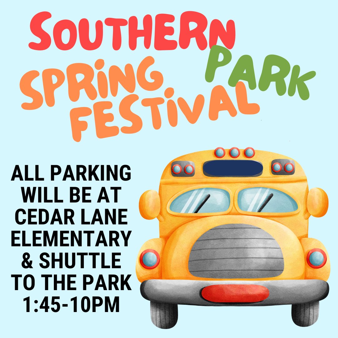 Don't forget, parking for Southern Park Spring Festival tmrw is OFF SITE at Cedar Lane Elementary & guests will shuttle in from there. Shuttle will run 1:45-10pm. Hope to see you there! #netde #nccde #middletownde #townofwhitehallde #townofwhitehall newcastlede.gov/2677/Southern-…
