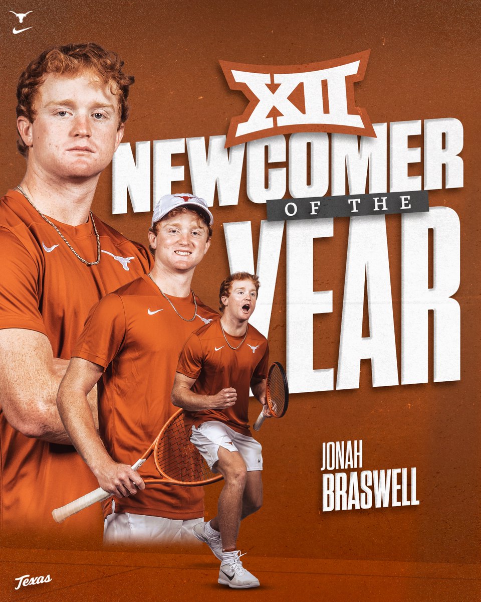 Jonah Braswell is the second @Big12Conference Newcomer of the Year in program history and the first since Ed Corrie in 2008! Congrats Jonah! #HookEm 🤘🎾