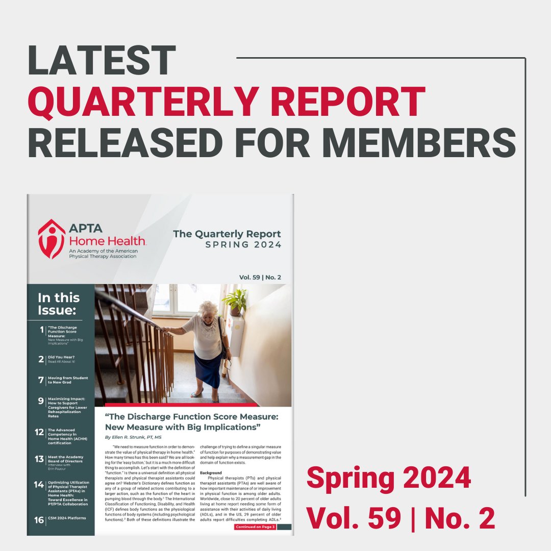 The Spring 2024 issue of APTA Home Health’s official publication, the Quarterly Report, is now available to Academy members. To read online or download, click here to login: loom.ly/RQjvvUw