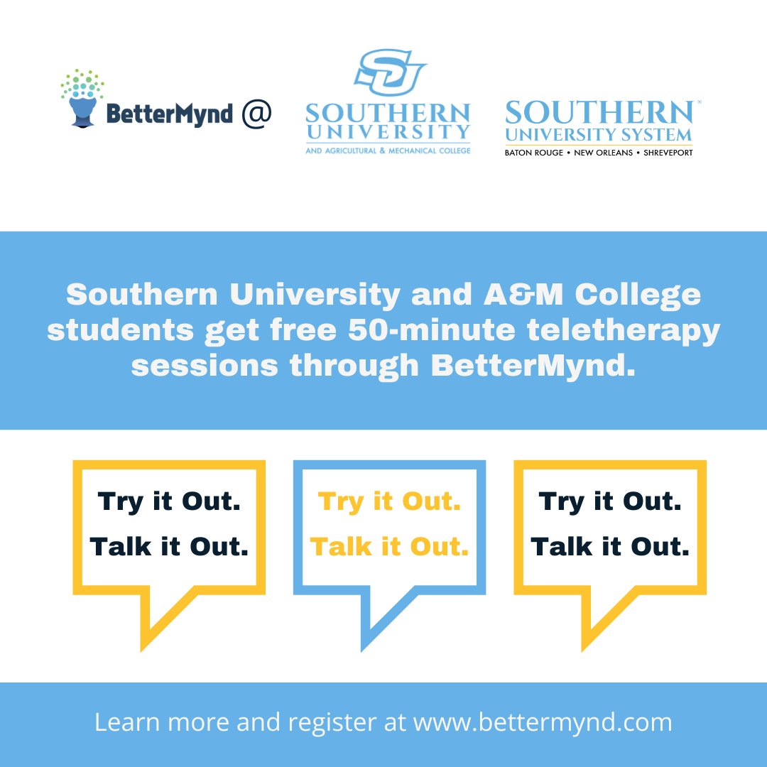 Hey, Jags. We know it can be a stressful time with finals. There is 24/7 help when you need it through our partnership with @BetterMynd. Log in at bettermynd.com with your SUS email to get started. Faculty/staff, this is for you, too. 💙 💛 #WeAreSouthern #MentalHealth