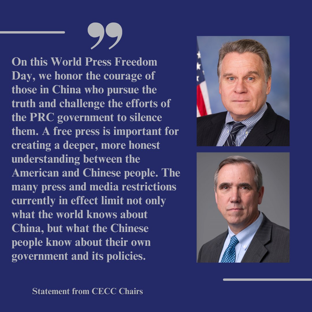 See statement by the @CECCgov Chairs on #WorldPressFreedomDay honoring the courage of those in China who 'pursue the truth and challenge the efforts of the PRC government to silence them.' Full statement --> cecc.gov/media-center/p…