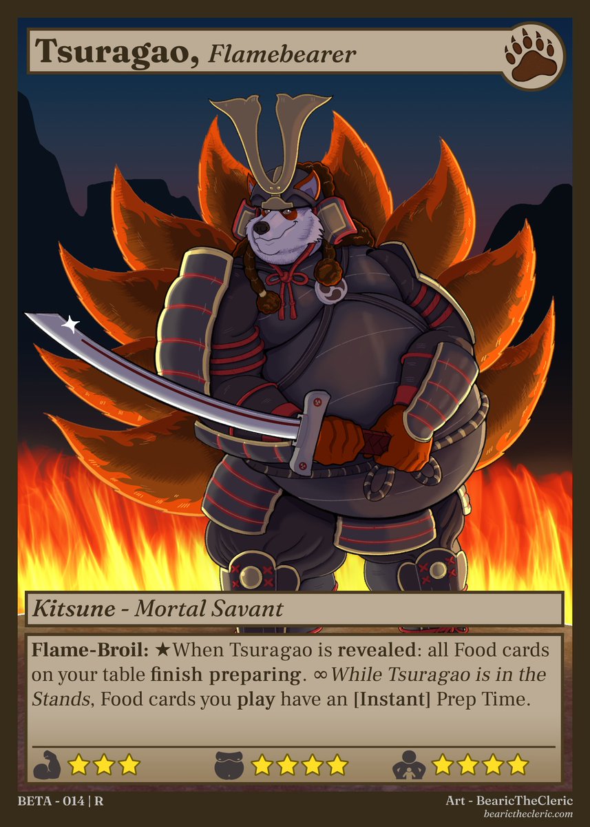 He'll slice you up a serving of something seared to perfection! Tsuragao, Flamebearer can instantly cook up any food you need to prepare with his powerful flames!