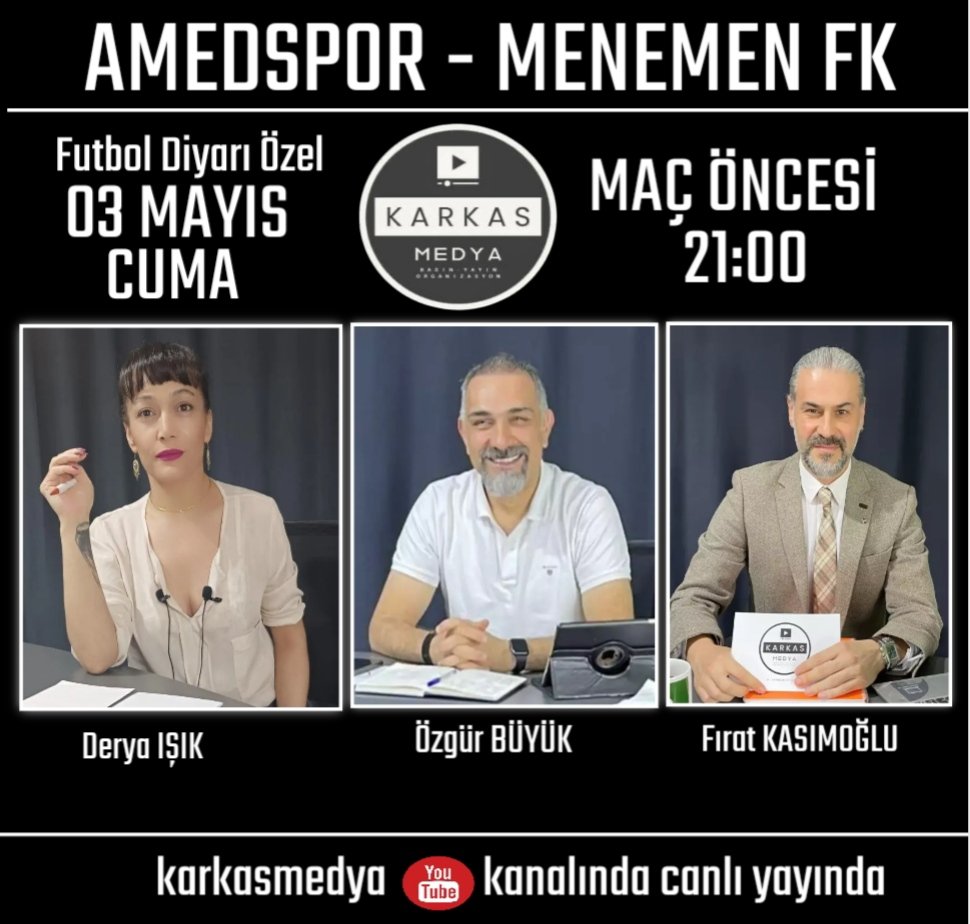 🎙️ Derya Işık, Özgür Büyük ve Fırat Kasımoğlu ile Futbol Diyarı Maç Öncesi ⚽ Amedspor - Menemen FK Maçı YouTube: youtube.com/@karkasmedya?f… 📺 Karkasmedya YouTube kanalı