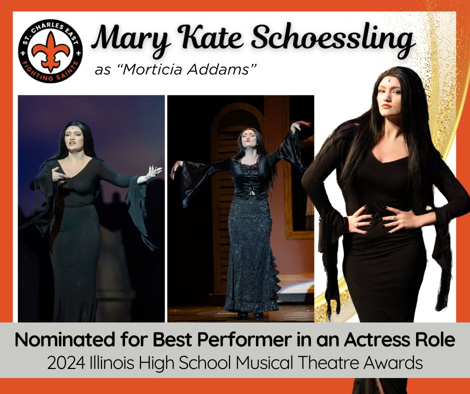 👏A standing ovation for East student Mary Kate, who was nominated for Best Performer in an Actress Role by the Illinois High School Musical Theater Awards through #BroadwayinChicago. Mary Kate played Morticia Addams in the spring production of “The Addams Family.” 🎭️