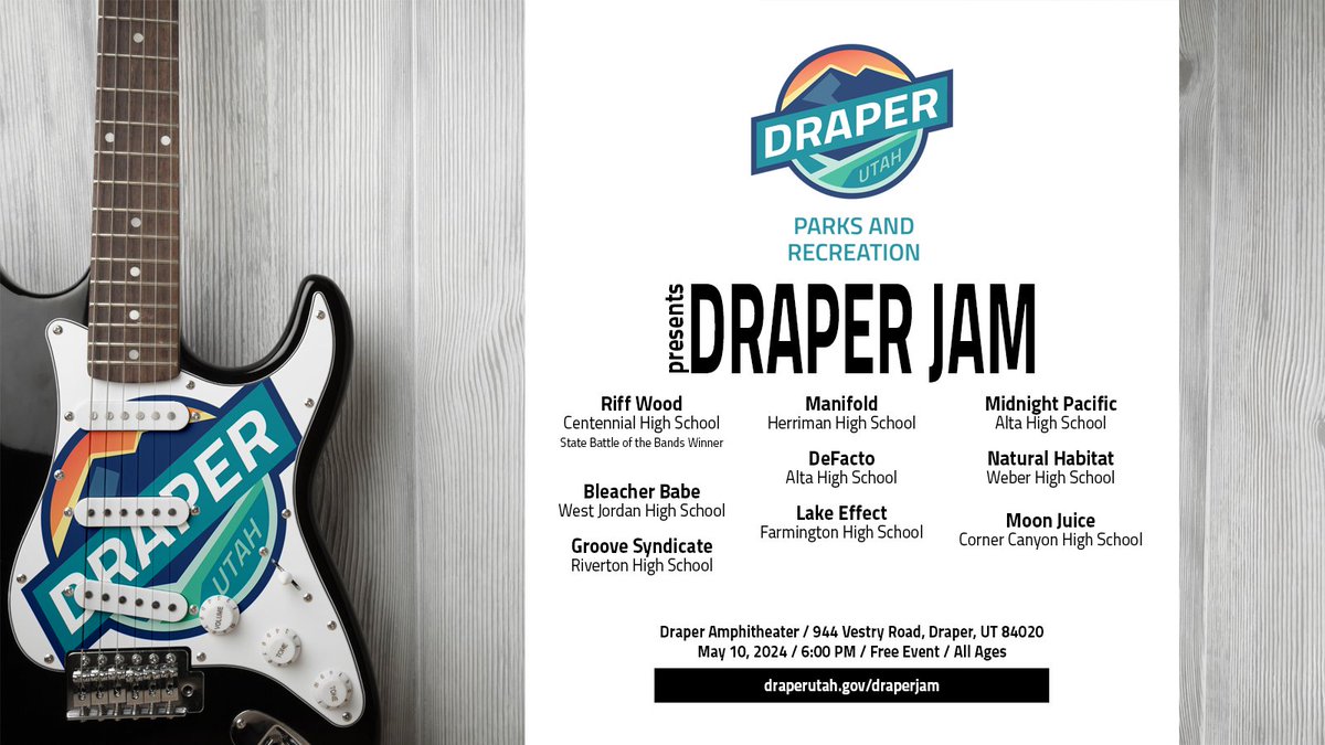 We are proud to present Draper Jam Friday, May 10. Featuring PTSA Battle of the Bands winners from across the Wasatch Front, this is a great opportunity to support local artists and musicians. All ages are welcome at this free event. Learn more at draperutah.gov/.../amphitheat…