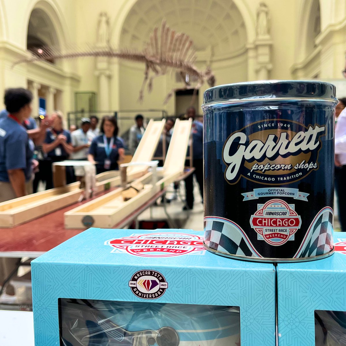 Some @GarrettPopcorn treats for our student teams as they worked through their car designs! 😋 (Also, that tin! 🏁👀) #GarrettPopcorn #NASCARChicago #STEAMFest