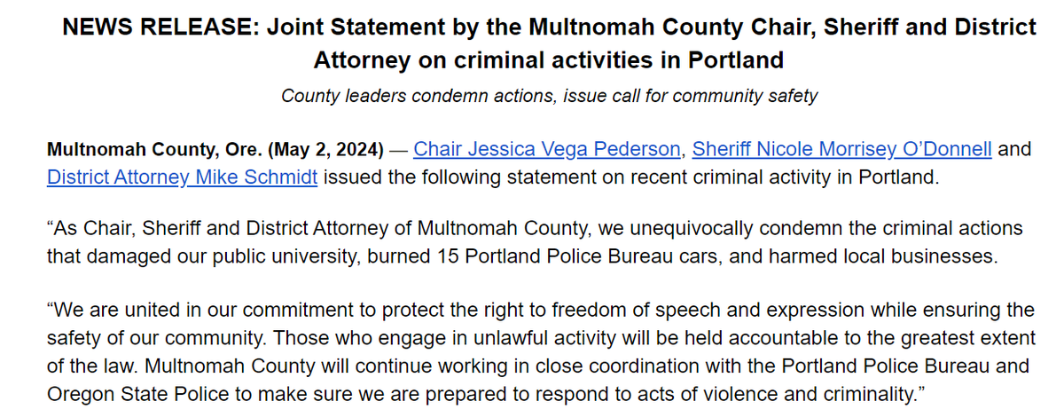 Joint statement by @multco Chair Jessica Vega Pederson, @MultCoSO Sheriff Nicole Morrisey O'Donnell, and @MultCoDA Mike Schmidt on criminal activities in Portland: multco.us/multnomah-coun…