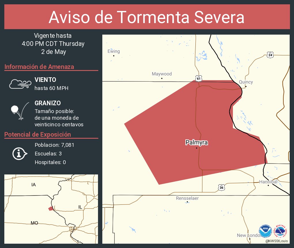 Aviso de Tormenta Severa incluye Palmyra MO hasta las 4:00 PM CDT