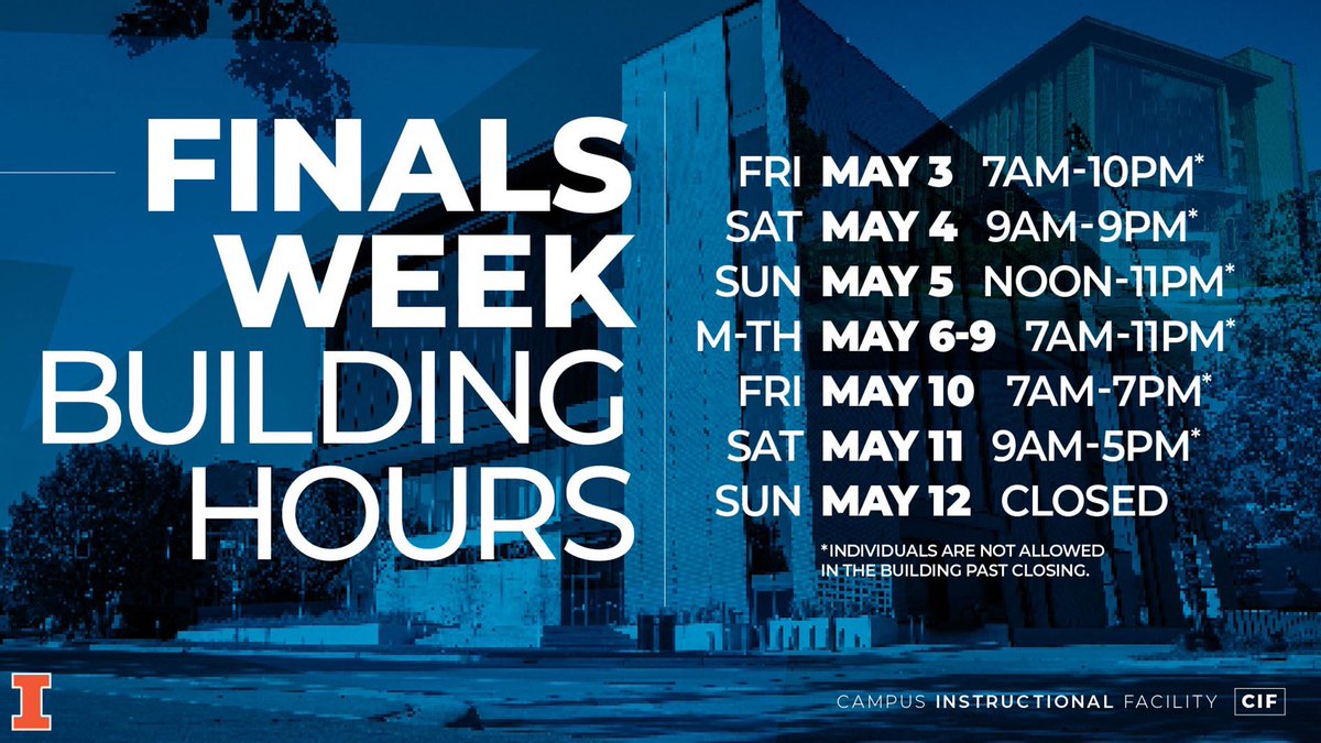 Happy Reading Day Illini! The end is in sight, and with that comes a change in our building hours to reflect finals, please take note of the varying closing times for finals week.