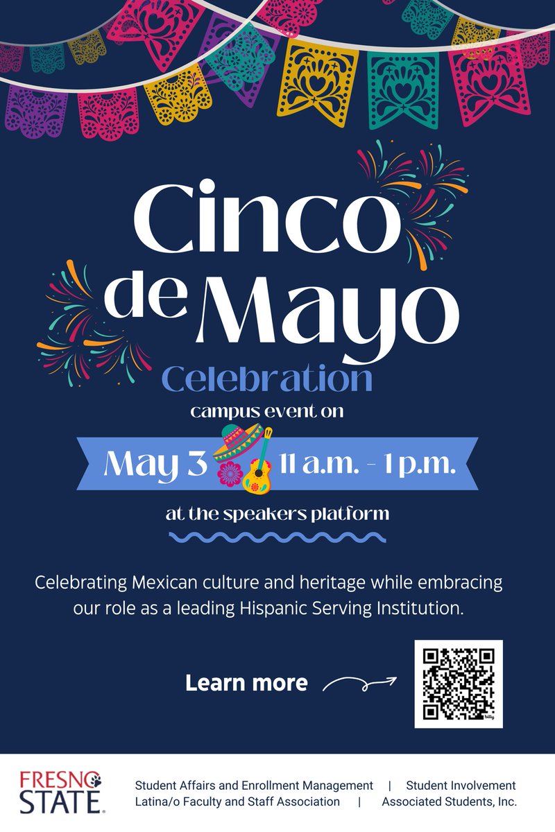 Join us for a Cinco de Mayo Celebration

Friday, May 3, 2024
11:00 a.m. - 1:00 p.m.
Speakers Platform

We are looking forward to an afternoon celebrating Mexican culture and heritage while we embrace our role as a leading Hispanic Serving Institution.