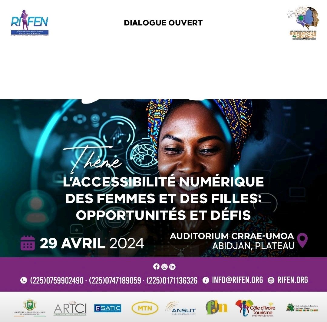 Rifen_CI's tweet photo. #RIFENTour #GirlsInICT #RIFEN #FemmesDuNumérique #Inspiration #Motivation #AvenirNumérique
@onufemmesCIV @upu_onu @ITU @papuafrica @atu_uat @UnfpaCI @MTND_CI @artcitic
Le RIFEN s'est achevé avec les sessions spéciales des 29 et 30 avril 2024 https://t.co/GodM1rMDkj