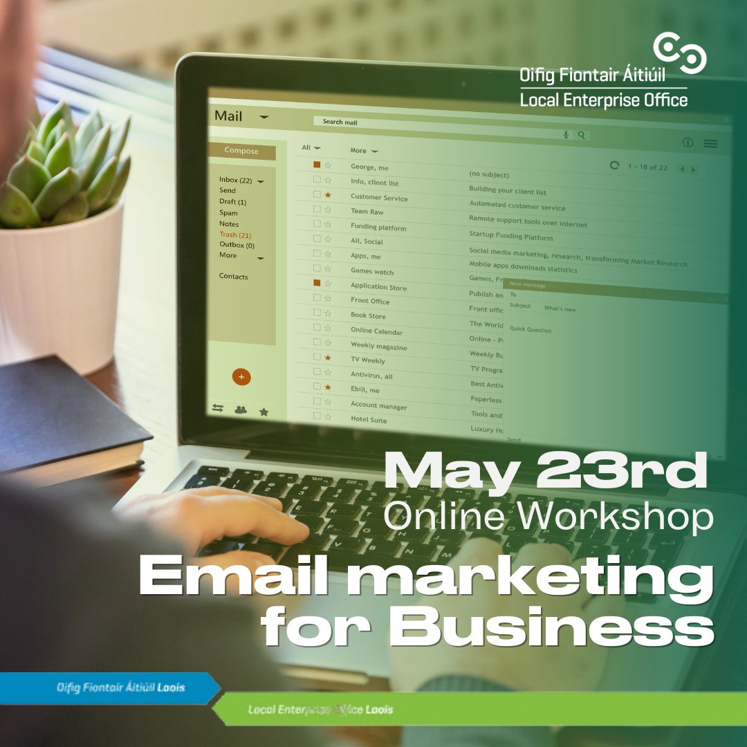 Don't underestimate the power of Email Marketing! Join Our online Workshop to enhance your email marketing strategy, content and effectiveness. 📅 Thursday, 23rd May 2024 ⏰ 10 AM - 1 PM 💰 Cost: €10 🚀 Register now at bit.ly/LaoisEmailMAY23