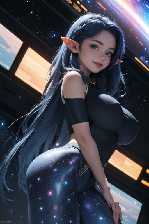 'Commander are you ok? Your face is red.' #space #Elf #futuristic #scifiart #AI #AIart #AIArtwork #AIgirl #female #woman #AI美女 #AIイラスト #female #woman #spandex #spaceship #galaxy #underboob #bluehair #curvy