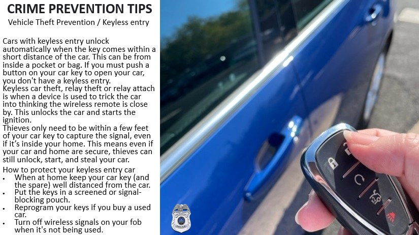 #VehicleTheftPrevention Cars with #KeylessEntry unlock automatically when the key comes within a short distance of the car. This can be from inside a pocket or bag. If you must push a button on your car key to open your car, you don't have a keyless entry. See the image; #PWCPD