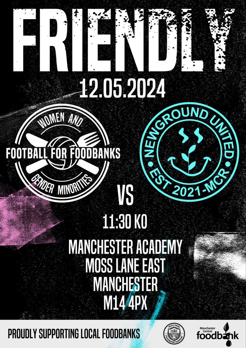 FRIENDLY! On Sunday 12th May our Manchester WGM team will be taking on New Ground United in a 9-a-side friendly collecting donations for MCR Foodbank. Come along &amp; watch and bring some donations! Together we can make a difference 🥫⚽️

<a href="/MCFCfoodbank/">MCFC Fans Foodbank Support</a>