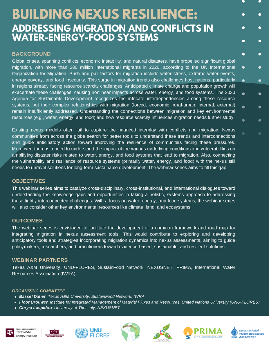 Join <a href="/TAMUEnergyInst/">TAMU EnergyInstitute</a> for the "Building Nexus Resilience: Addressing Migration and Conflicts in Water-Energy-Food Systems" webinar series on May 30 to address challenges of migration and resources across water, energy, and food systems. energy.tamu.edu/research/initi…