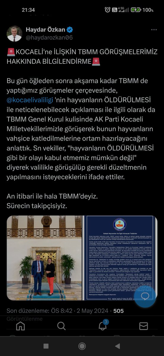 Köpek derneği başkanı Haydar Özkan Kocaeli Valiliğinin başıboş köpek talimatını durdurmak için TBMM'de AKP milletvekilleri ile görüştüğünü iddia etti.

Halkımız öğrenmek istiyor. Bu vekiller kim? @Akparti @AKPartiTBMMGrup