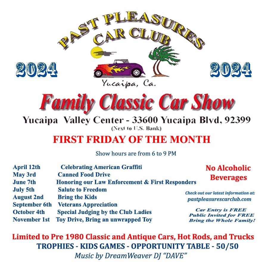It's time for the second show of 2024! Come on out tomorrow for the Past Pleasures Car Club show in Yucaipa. There will be a canned food drive, so bring some to help those in need. See you there!
#YucaipaCalifornia #PastPleasuresCarClub #CarShow2024 #FoodDrive
