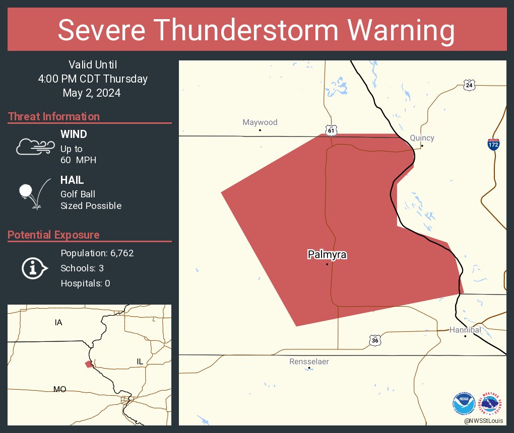 Severe Thunderstorm Warning continues for Palmyra MO until 4:00 PM CDT. This storm will contain golf ball sized hail!