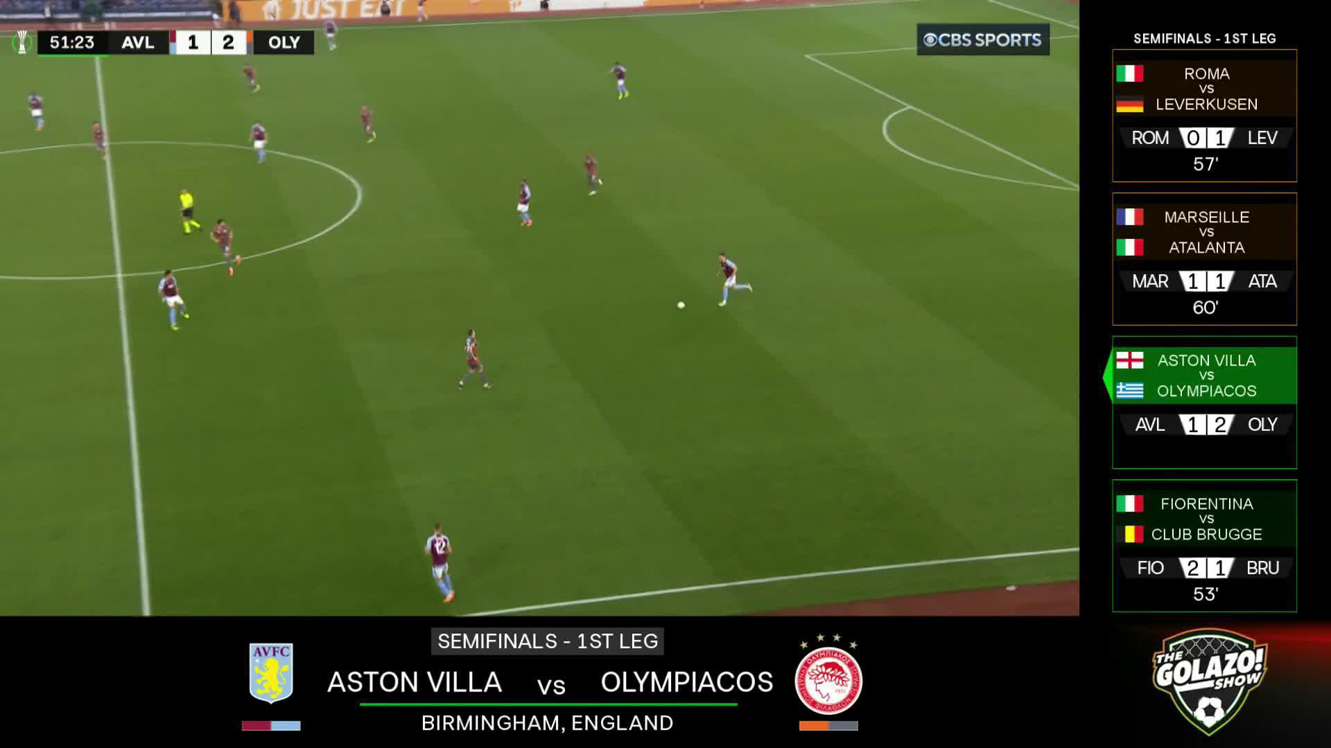 16': Aston Villa 0-1 Olympiacos29': Aston Villa 0-2 Olympiacos45': Aston Villa 1-2 Olympiacos52': Aston Villa 2-2 Olympiacos56': Aston Villa 2-3 OlympiacosTHIS MATCH 🤯