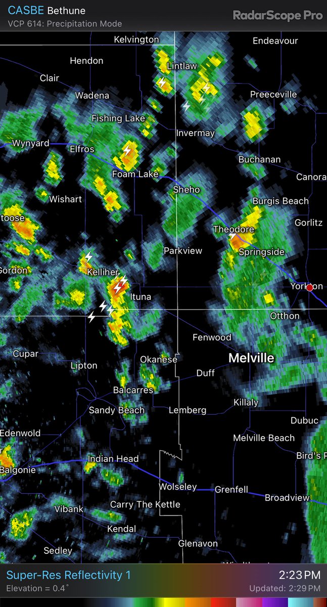 Thunderstorms at Ituna and Foam Lake CASBE - Super-Res Reflectivity 1 2:23 PM #SKStorm