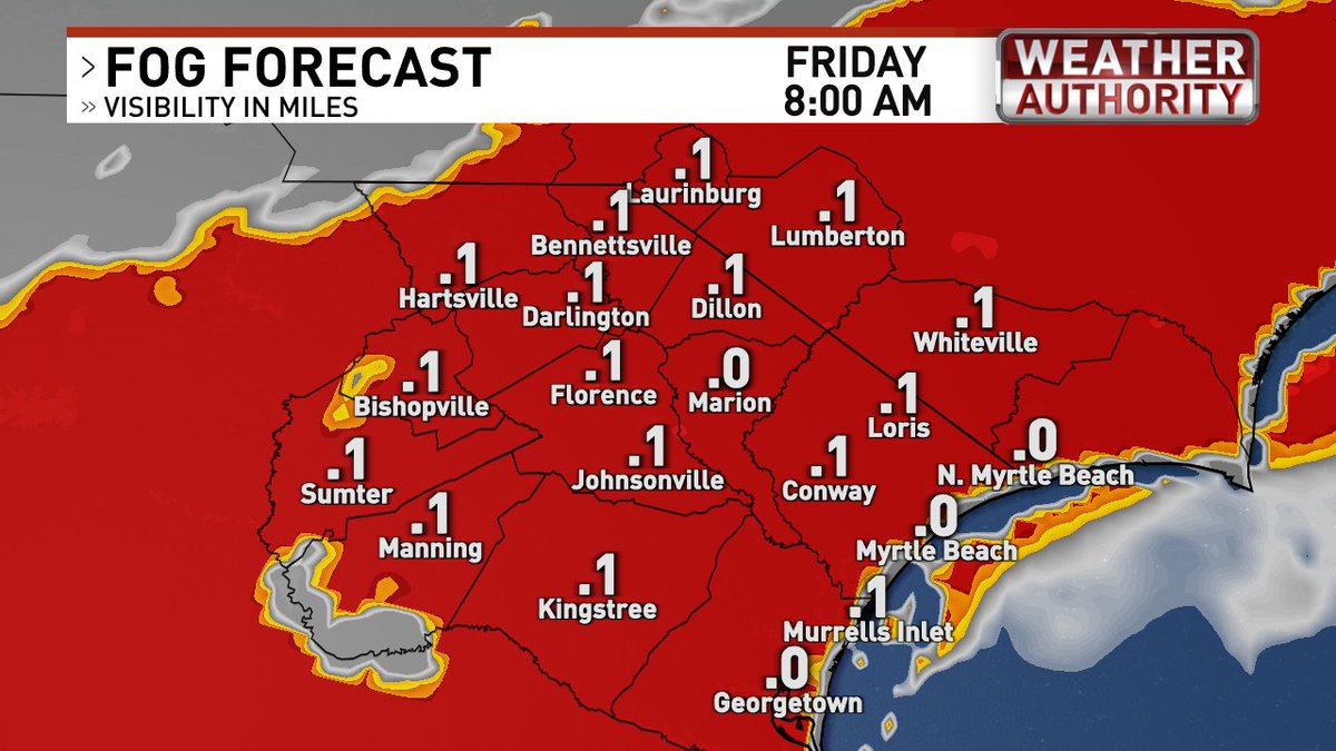 Areas of dense fog are expected again late tonight and tomorrow morning. You might want to allow a little extra time to get to work or school. #scwx #ncwx