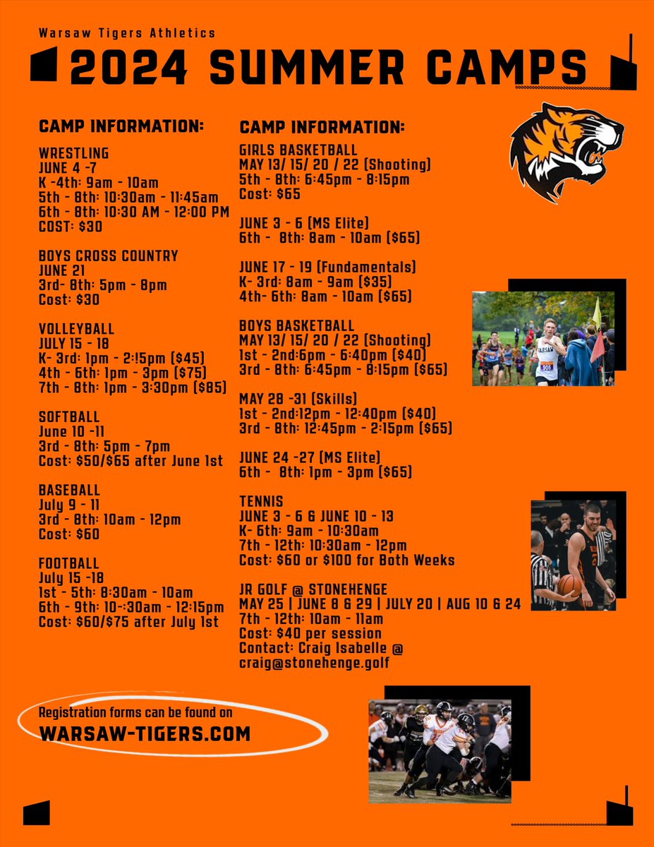 We can’t wait for our Summer Volleyball Camp in July for students K-8th grade.  Join us in the TRAC at WCHS for the best week of the summer!  Hope to see you there…Go Tigers! 🧡🖤 #TigerFamily #WeAreWarsaw #OnTheProwl 

For ONLINE REGISTRATION:

warsaw-tigers.com/sports/2021/11…