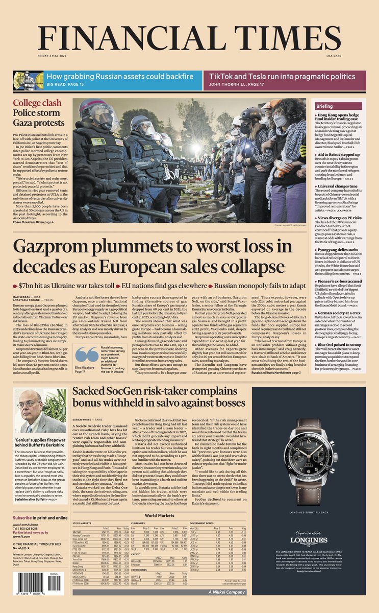 Just published: front page of the Financial Times, international edition, Friday 3 May on.ft.com/4dlOEAm