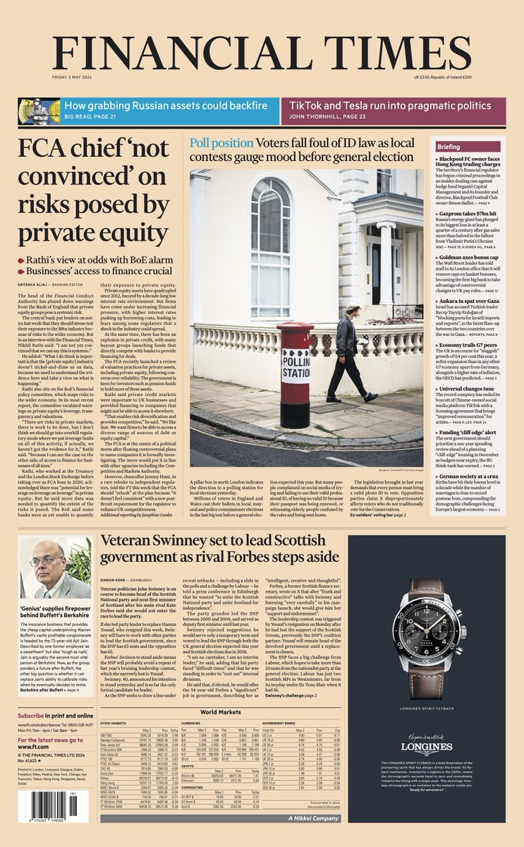 Just published: front page of the Financial Times, UK edition, Friday 3 May on.ft.com/3QvjnRD