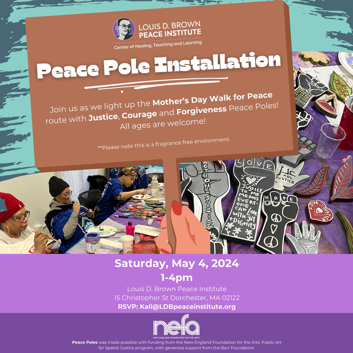 Join us on Saturday for the installation of our Justice, Courage, and Forgiveness Peace Poles! All ages welcome! This opportunity is supported by the New England Foundation for the Arts’ Collective Imagination for Spatial Justice program, with funding from the Barr Foundation