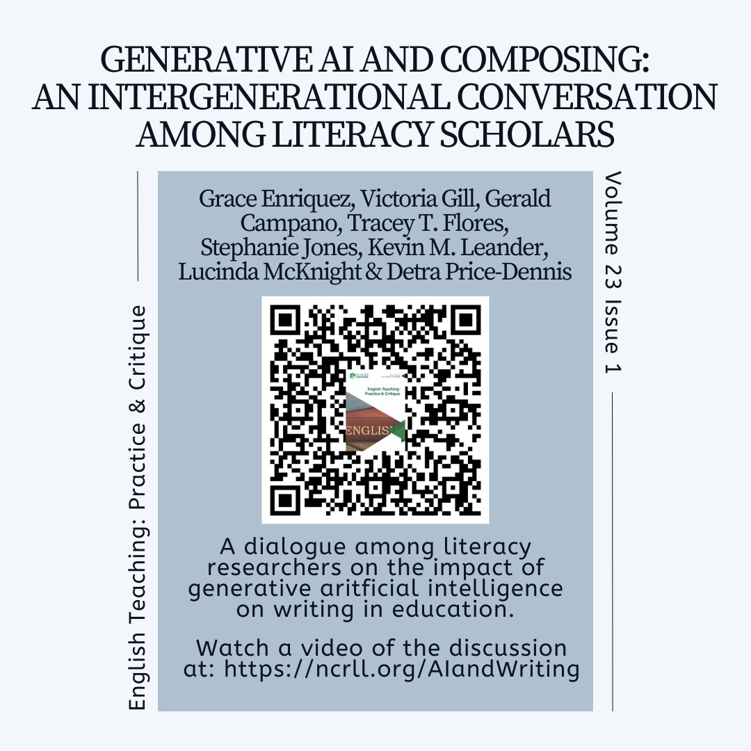 @EngTchingPrCr @JMHiggs @DrThembot @vaughnwmwatson First up, Generative AI and Composing: An Intergenerational Conversation among Literacy Scholars with @enrigrace, Victoria Gill, Gerald Campano, @traceyhabla, Stephanie Jones, @kevtweet, @LucindaMcKnigh8 & @detramichelle. Video via @ncrllorg: ncrll.org/AIandWriting