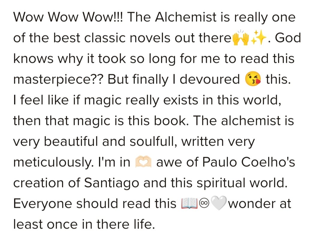 The Alchemist 🙌✨😲
#thealchemist #booktwt #books #bookreviews #bookblogger #bestbook #amazingbook #bookrecs #booksandme #bookstoread #classic #ReadMore #readersfavorite #booksbooks