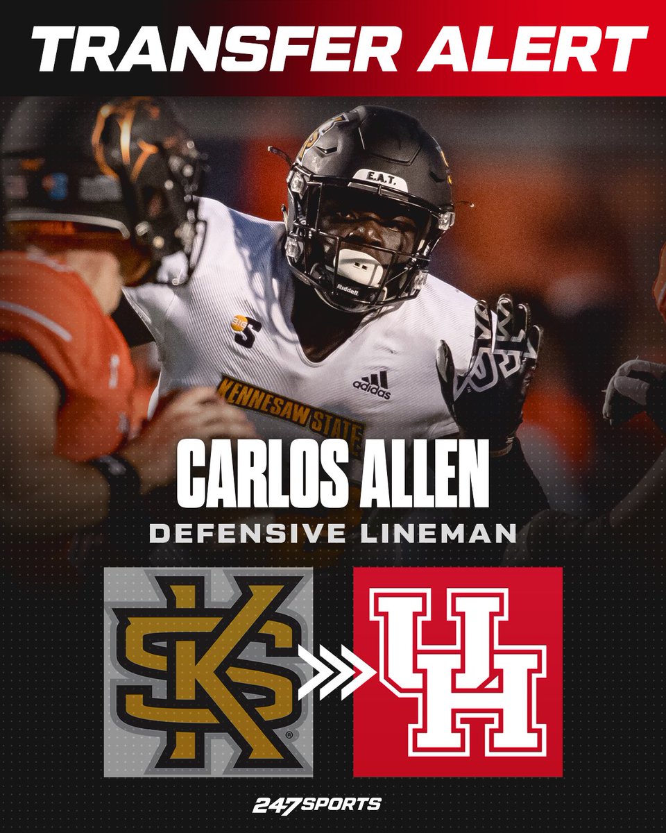 The expectation is that ex-Kennesaw State standout defensive lineman Carlos Allen is going to transfer to Houston, sources tell @247Sports. Allen had garnered interest from several P4 teams in addition to Houston, including Kansas State, Cal and Indiana. 247sports.com/player/carlos-…
