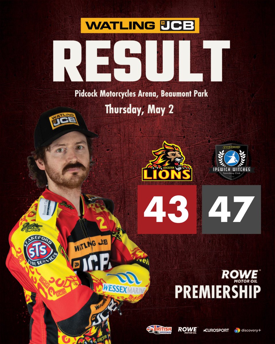 🏁 𝙍𝙀𝙎𝙐𝙇𝙏 😫 The Witches leave with the win and two league points to go top of the table. 🦁 Watling JCB Lions 43 🧙 Ipswich 47 Report and reaction to follow. #LEIIPS 🦁🧙