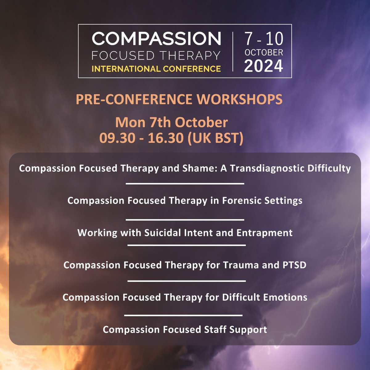 13th Annual Int CFT Conference - Join us early for a pre-conference workshop. Attend in-person or online Mon 07/10 09.30-16.30 (UK BST)  Can’t decide on one? Book more and catch up on recordings later. View full pre-conference workshop programme here: i.mtr.cool/xrjnvdctrl