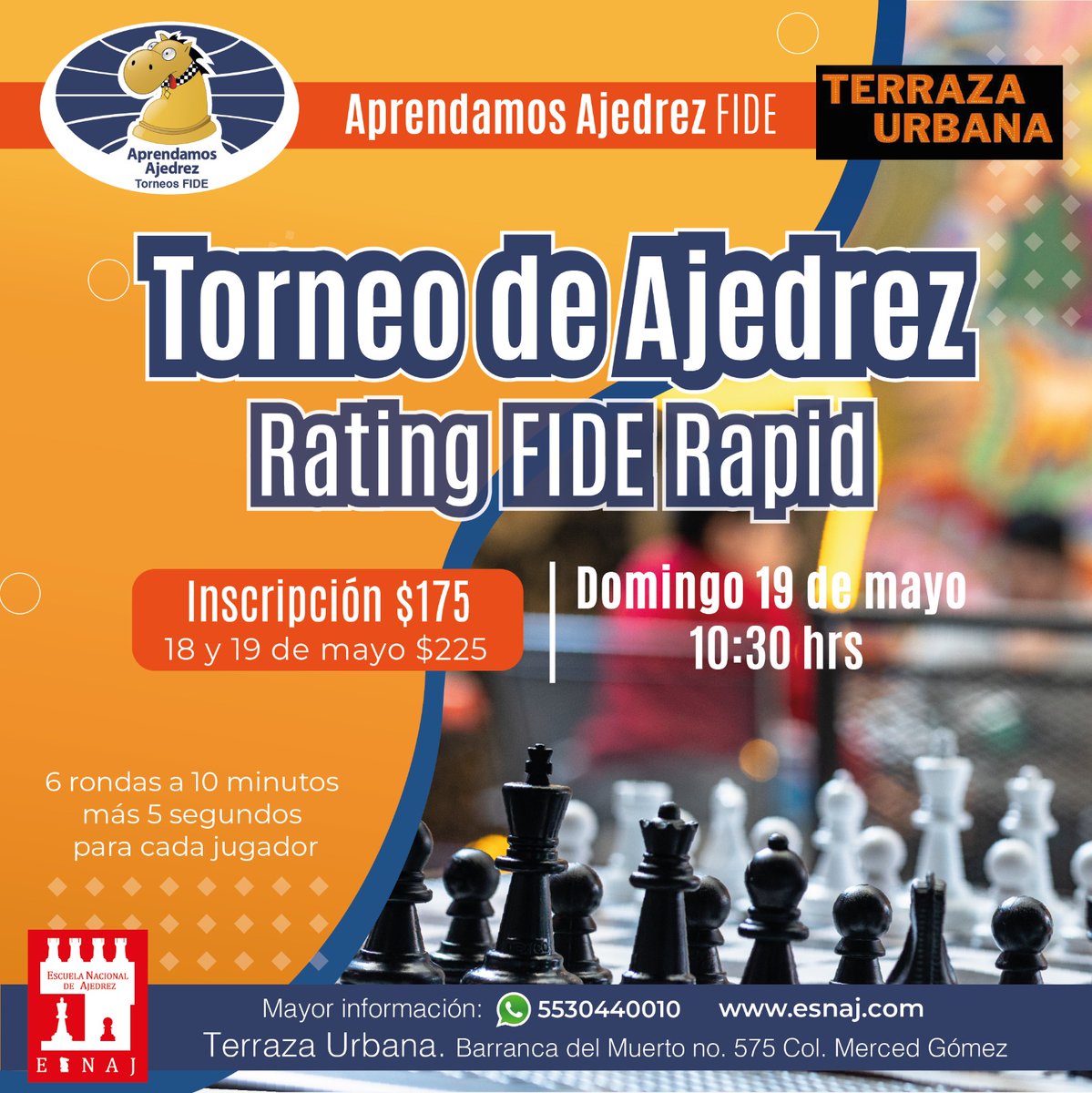 ESNAJ's tweet photo. Próximo torneo de ajedrez FIDE (Válido para rating internacional modalidad Rapid)🏆👑 Se llevará a cabo el domingo 19 de mayo en Terraza Urbana. Consulta las bases en https://t.co/MjFQg9WzWB #ajedrez #torneos . https://t.co/drlyNeIsMI
