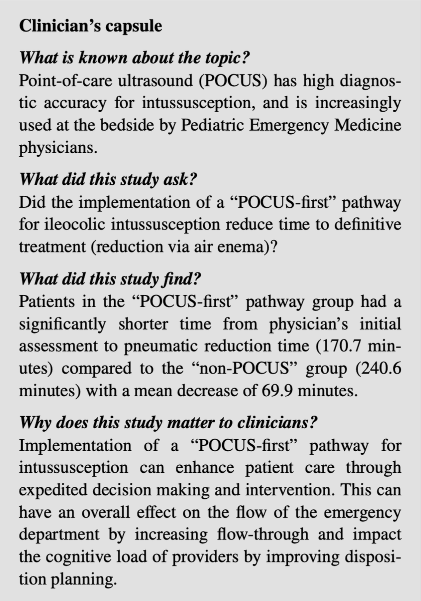 A POCUS-first pathway to streamline care for children with suspected ileocolic intussusception by Hadas Katz-Dana link.springer.com/article/10.100… Implementation of a “POCUS-first” pathway for managing ileocolic intussusception led to notable improvements in process efficiency.