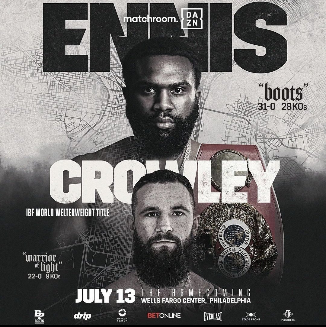 ✅ CONFIRMED: Jaron Ennis will defend his IBF Welterweight world title against his mandatory challenger Cody Crowley on July 13 at Philadelphia's Wells Fargo Center live on DAZN. 🔥 Homecoming for Boots in his first fight with MR