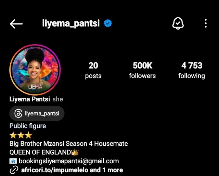 Congrats to Liema for been the first hms from season 4 to reach 500K followers. This isnt a small feat seeing that people have actively been reporting her acc to a point of her making it private LIEMA PANTSI DOMINATES SPACE WITH LIEMA PANTSI #LiemaTheArtist #LiemaPantsi