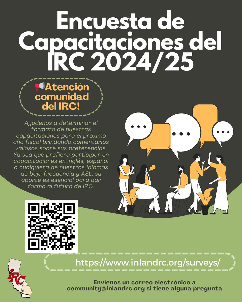 📢 Únete a la comunidad de IRC! Participa en nuestra Encuesta de Capacitaciones 2024/25 para dar forma a las próximas sesiones. Comparte tus preferencias de idioma: inglés, español, ASL y más inlandrc.org/surveys/ #IRC #EncuestaCapacitaciones