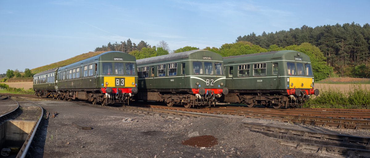 A gloriously sunny evening and a railway yard full of 1950's Class 101 DMUs. Obviously this called for a photo line up!
Weybourne looking like a BR depot in the mid 60's tonight, with M51188, M51192 and E51228 posed together in the golden evening light. Lovely-jubbly!