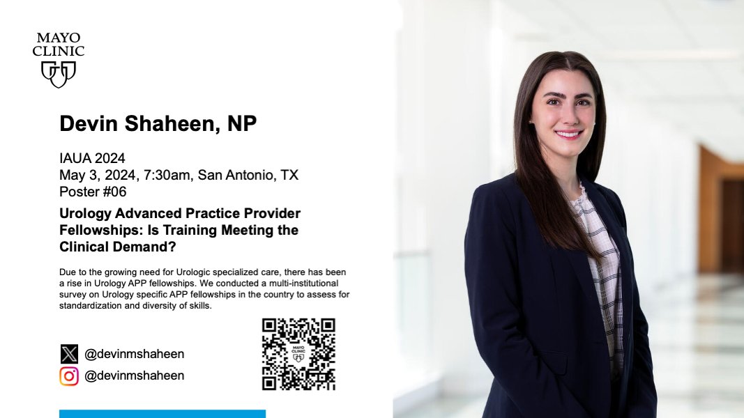 MayoUrology's tweet photo. Join @devinmshaheen for the poster session at #IAUA24 on
"Urology Advanced Practice Provider Fellowships:  Is Training Meeting the Clinical Demand?"
⏰ May 3 at 7:30am
#APP
#AUA24 https://t.co/s2YrkcIHdS