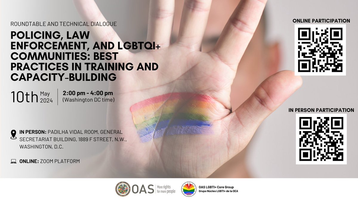 REGISTER NOW to participate in this roundtable next Friday May 10th👇🏿 🔹To participate in person: bit.ly/4aQr0dE 🔹To participate online: bit.ly/4dbhi7d An initiative of the #OAS LGBTI+ Core Group🏳️‍🌈, led by @USAmbOAS